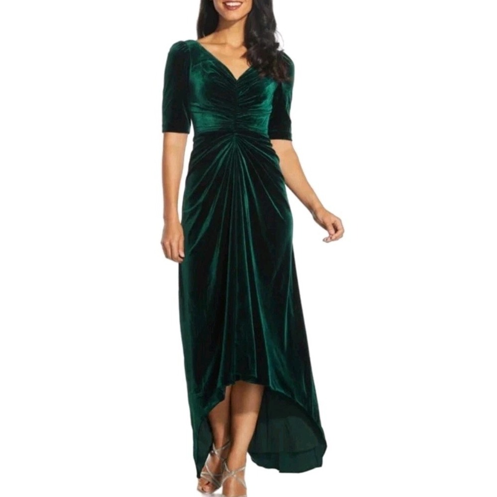 Adrianna Papell Emerald Green Velvet Hi-Low Formal Evening Dress Gown Size 2